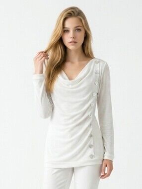 VENUS Off White Drape-Front Button Long Sleeve Top Size Large